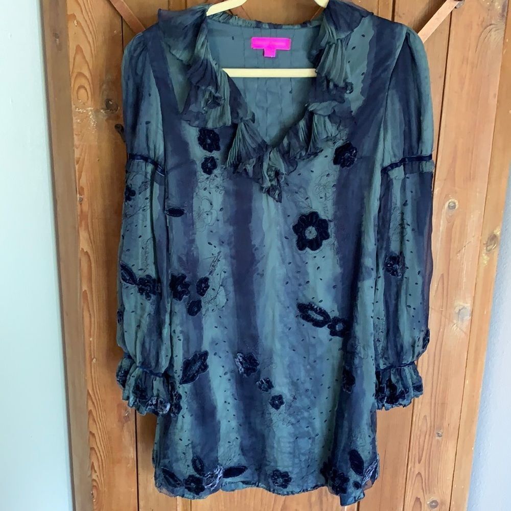 Ebene by P Assuline blue sheer silk ruffled dress
